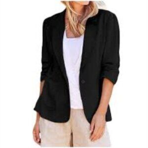 🌷Olivia Moon Linen One Button 3/4 Ruched Sleeved Blazer Black